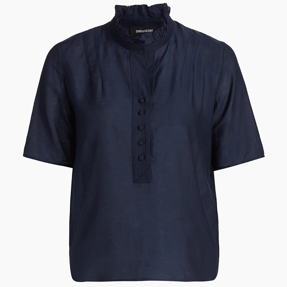 Zadig & Voltaire Navy Blue Silk Satin Ruffle Collar Button Blouse
